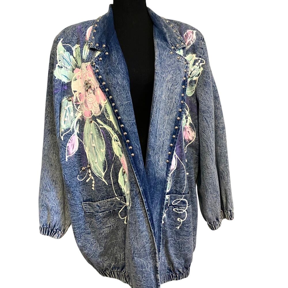 VTG 1980s Acid Wash Denim Floral Painted Studded Duster Jacket size Large USA